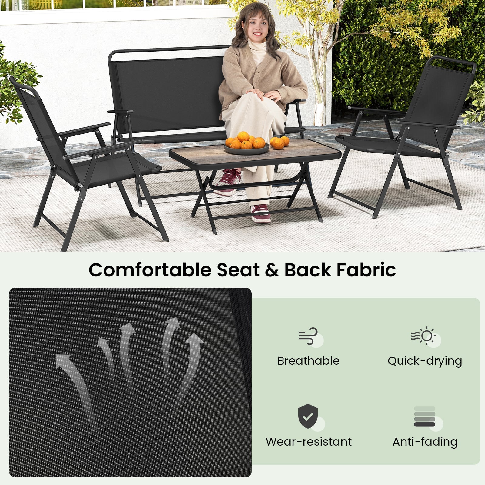 4 Piece Outdoor Conversation Set with 2 Chairs and Loveseat-Black