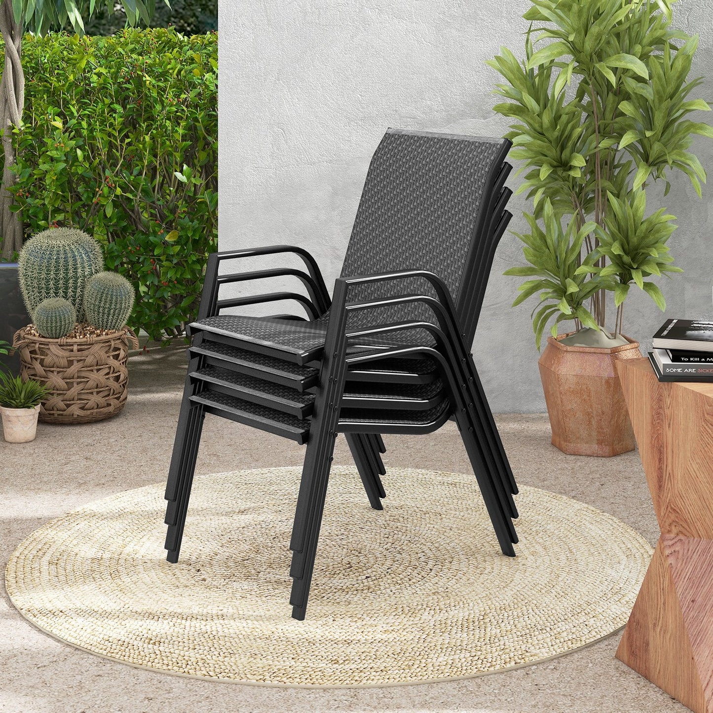 4 Pieces Patio Rattan Chairs with Wicker Woven Seat and Back-Brown