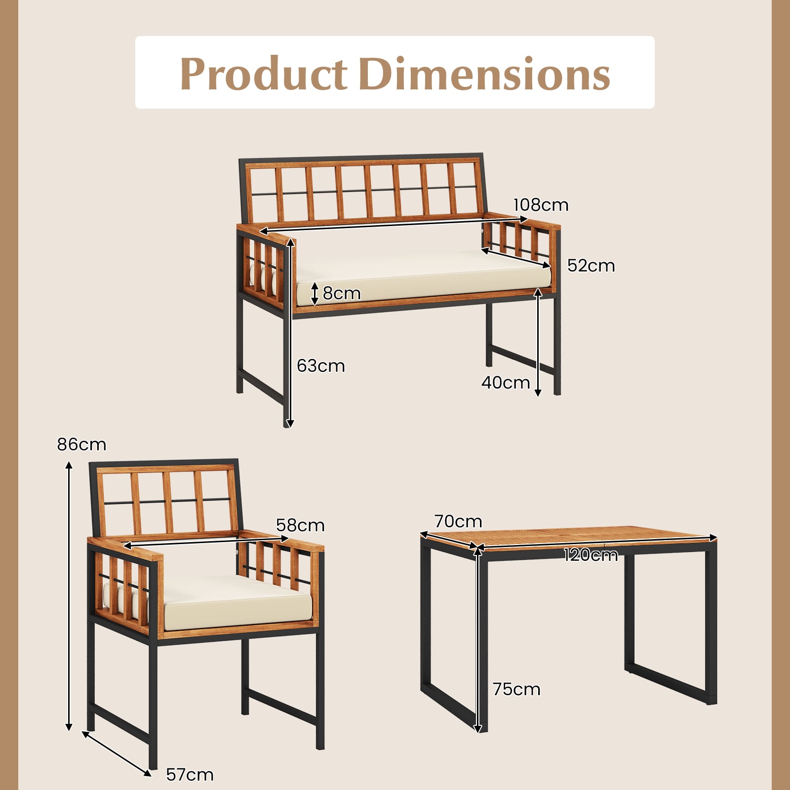 4 Pieces Acacia Wood Patio Dining Set with 1 Rectangular Table-Brown