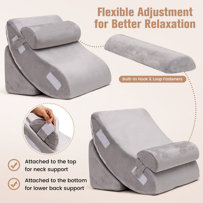 4 Pieces Memory Foam Bed Wedge Pillow Set with Machine Washable Cover-Grey