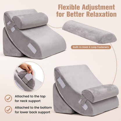 4 Pieces Memory Foam Bed Wedge Pillow Set with Machine Washable Cover-Grey