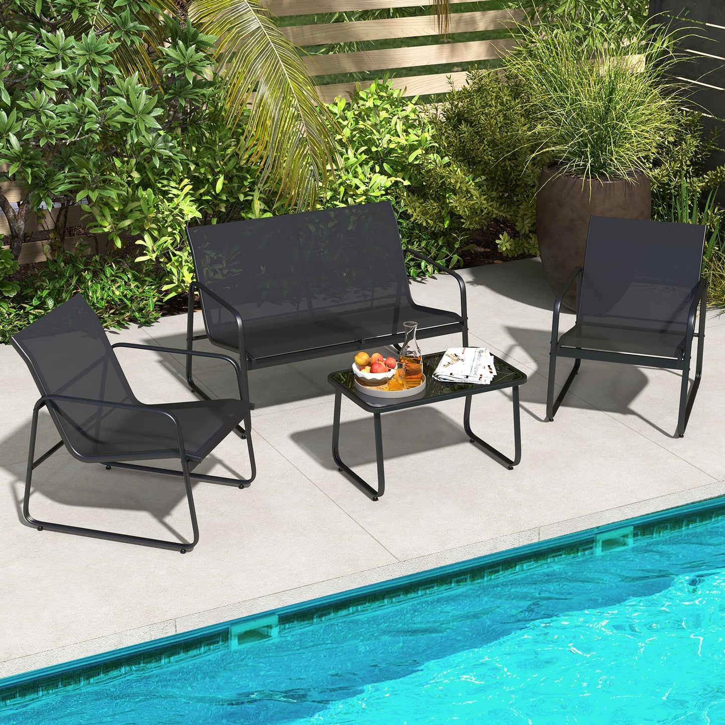 4 Pieces Patio Furniture Set with Tempered Glass Coffee Table-Black
