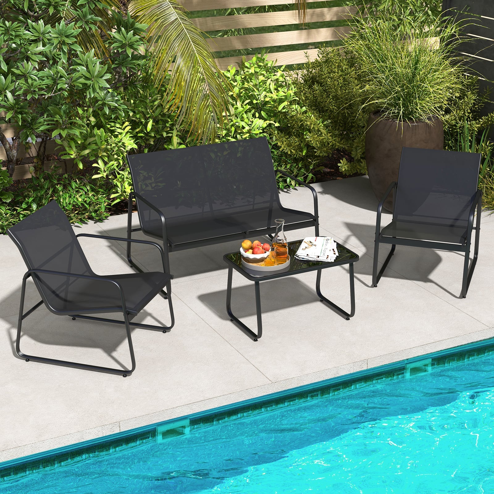 4 Pieces Patio Furniture Set with Tempered Glass Coffee Table-Black