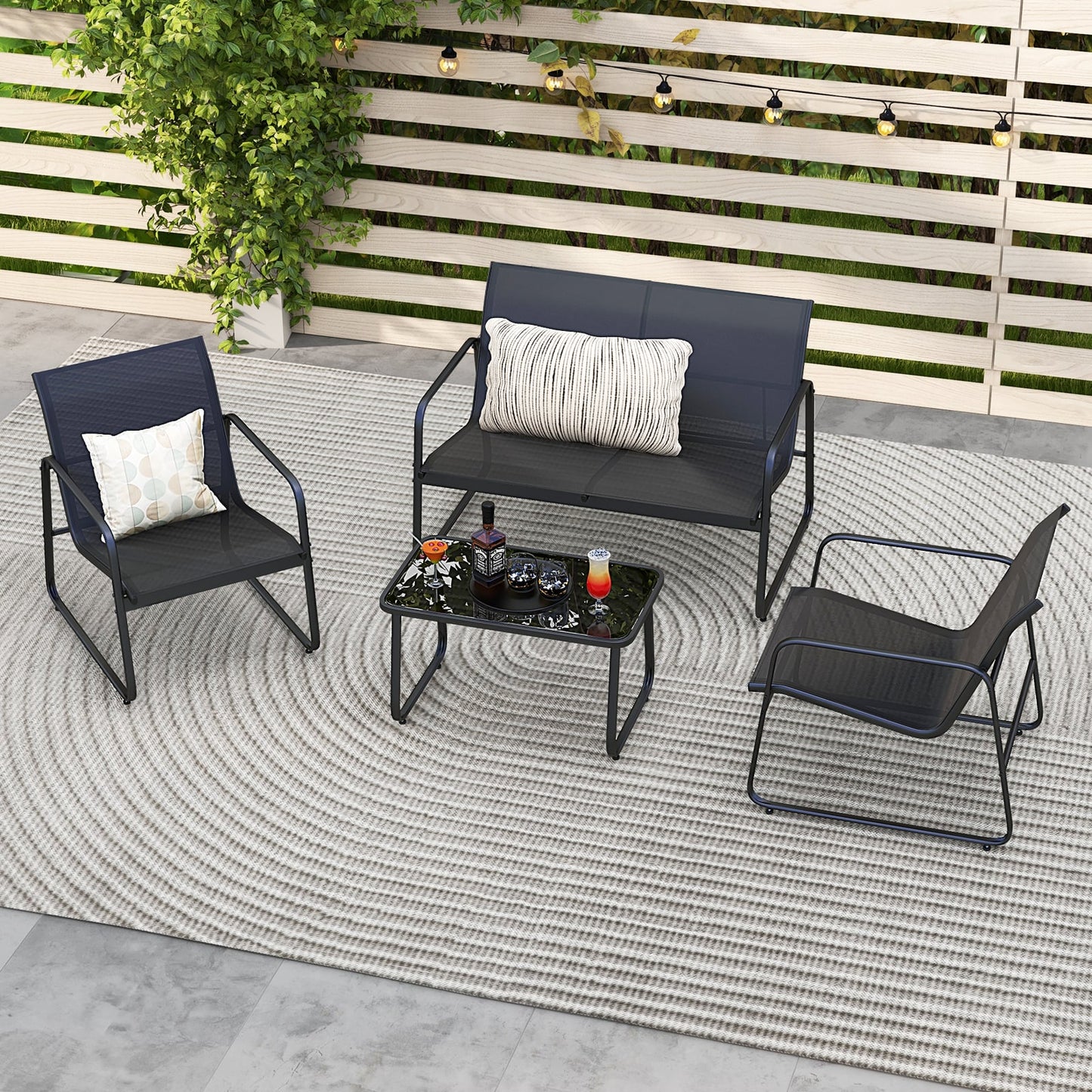 4 Pieces Patio Furniture Set with Tempered Glass Coffee Table-Black