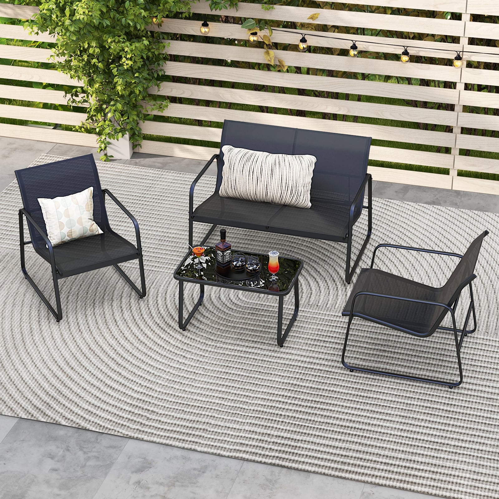4 Pieces Patio Furniture Set with Tempered Glass Coffee Table-Black