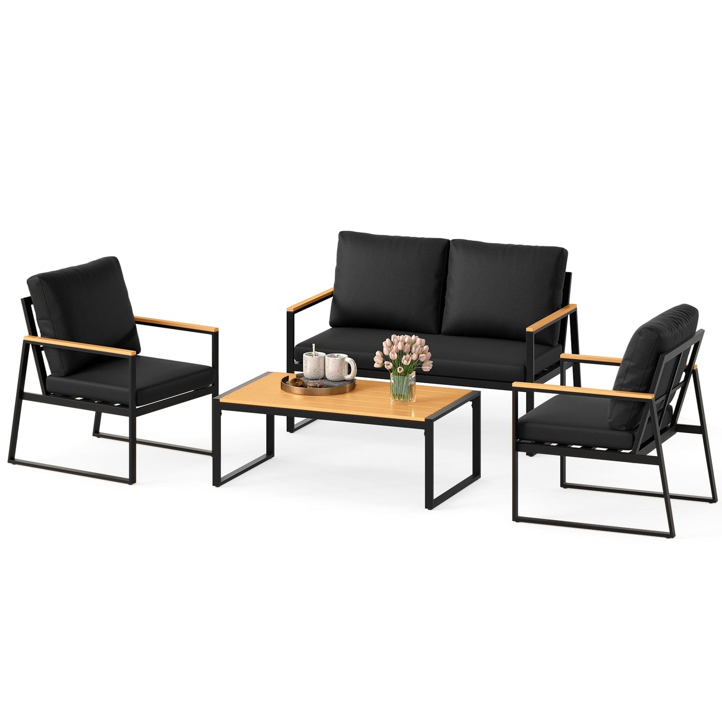 4 Pieces Patio Furniture Set  with Thick Cushions for Backyard-Black