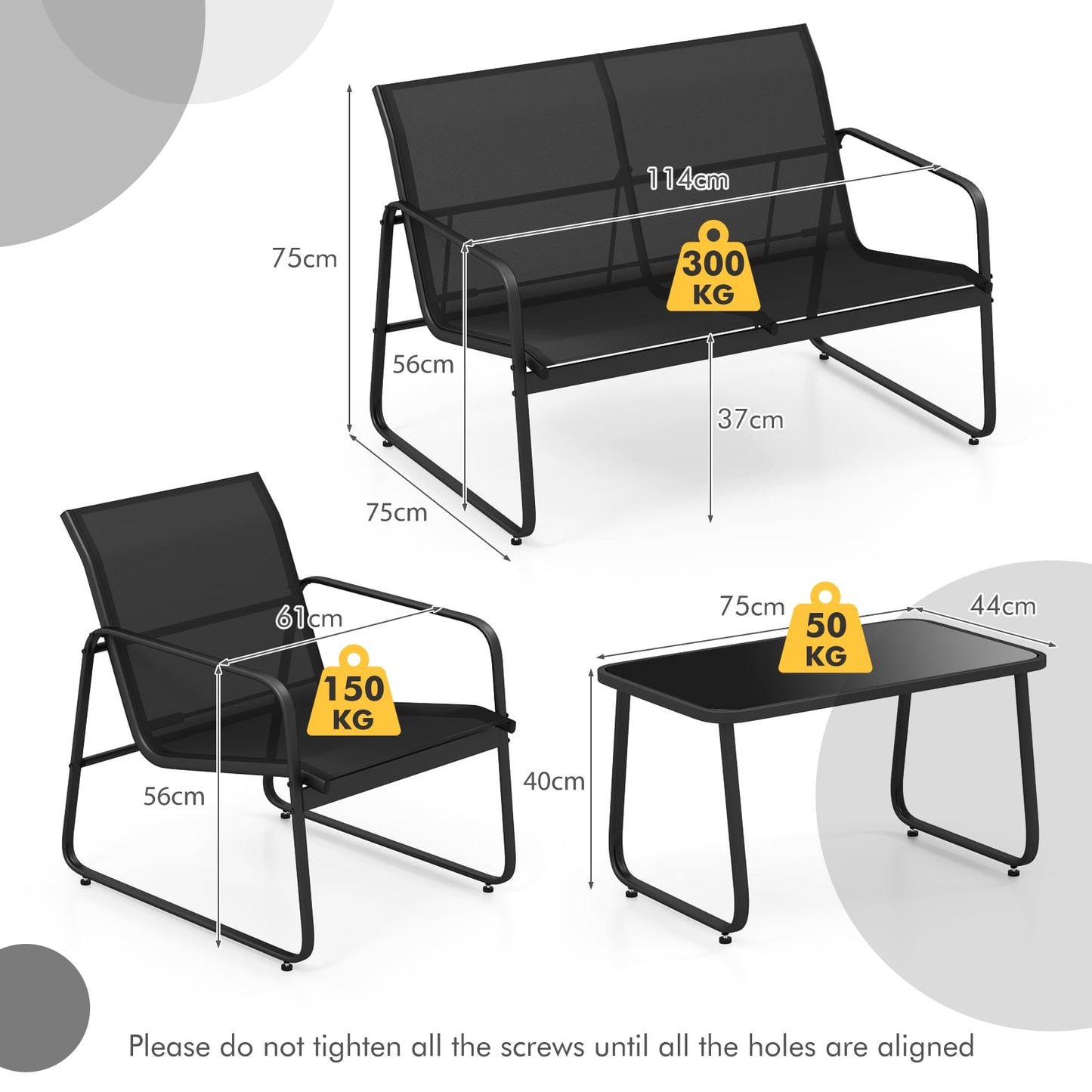 4 Pieces Patio Furniture Set with Tempered Glass Coffee Table-Black
