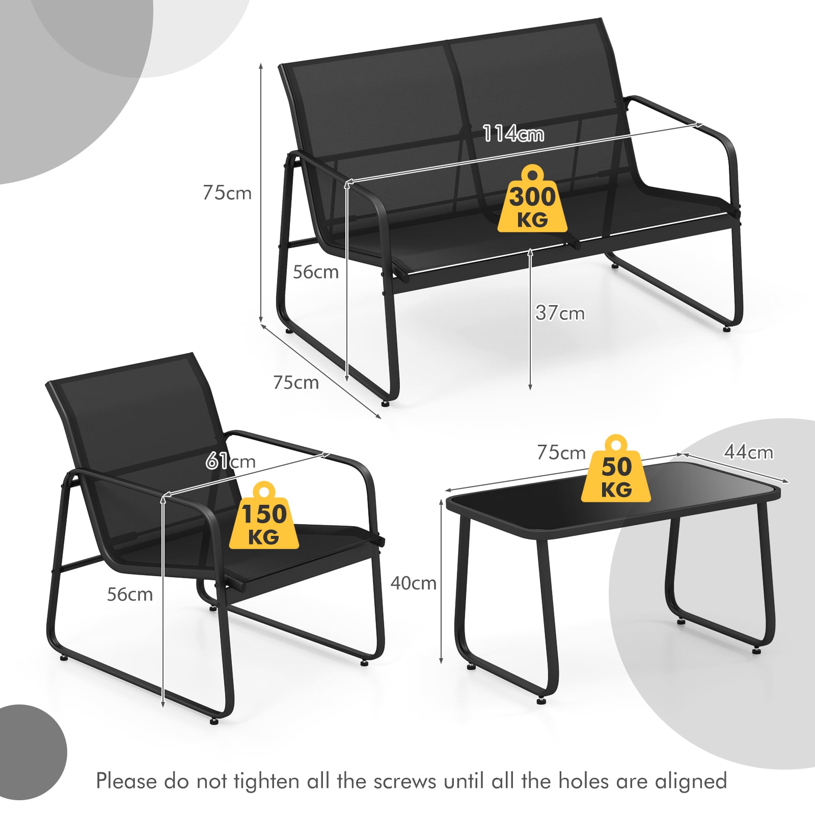 4 Pieces Patio Furniture Set with Tempered Glass Coffee Table-Black