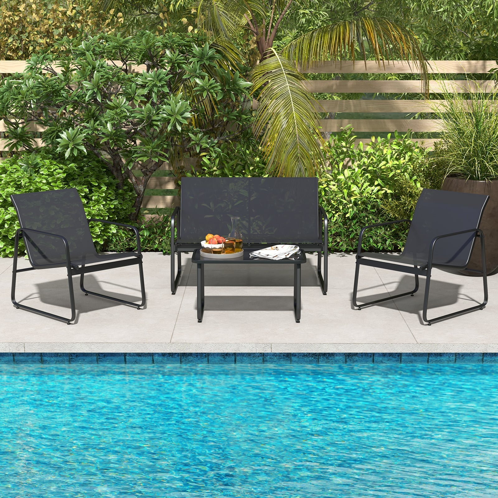 4 Pieces Patio Furniture Set with Tempered Glass Coffee Table-Black
