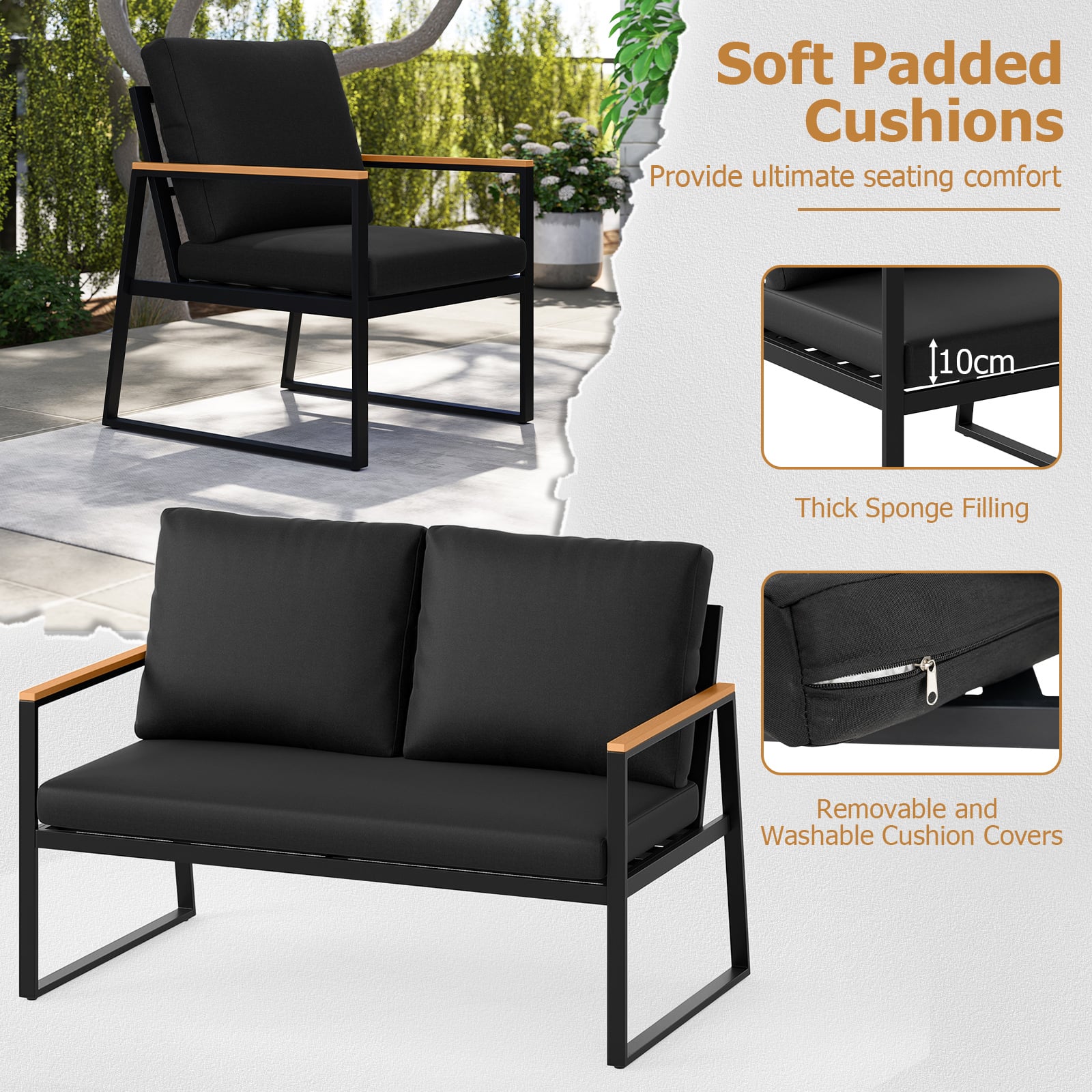 4 Pieces Patio Furniture Set  with Thick Cushions for Backyard-Black