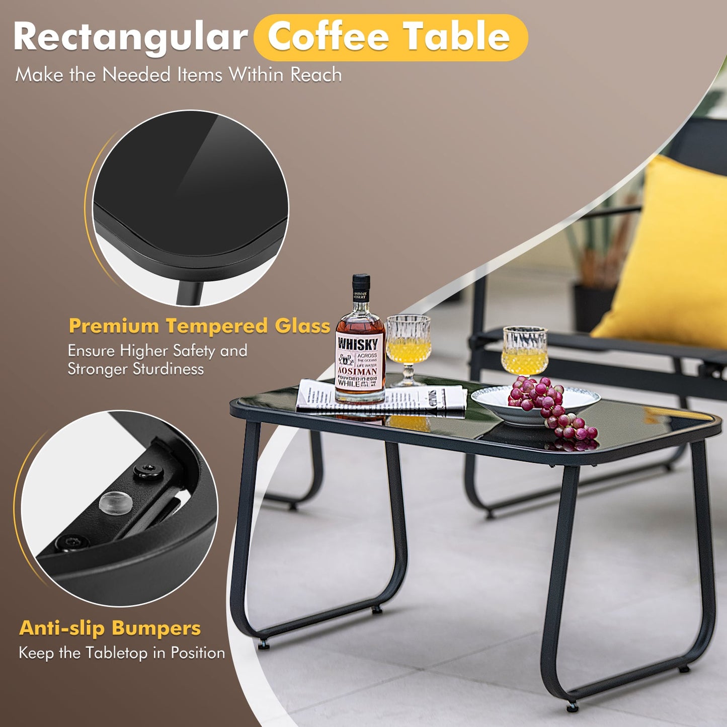 4 Pieces Patio Furniture Set with Tempered Glass Coffee Table-Black