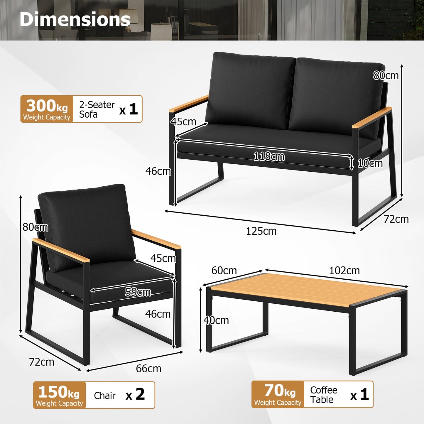 4 Pieces Patio Furniture Set  with Thick Cushions for Backyard-Black