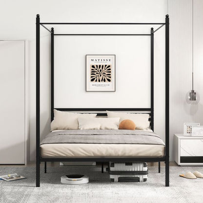4-Poster Metal Platform Bed with Headboard and Under-Bed Storage