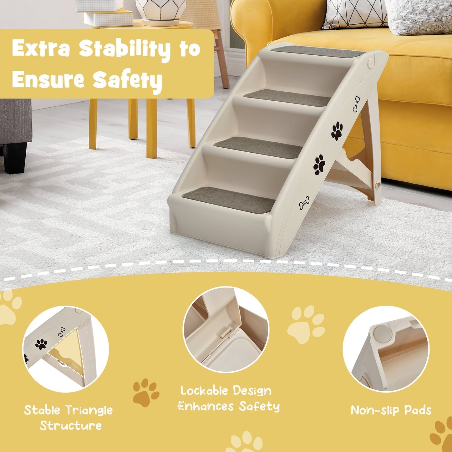 4-Step Pet Stairs with Non-slip Foot Pads-Beige