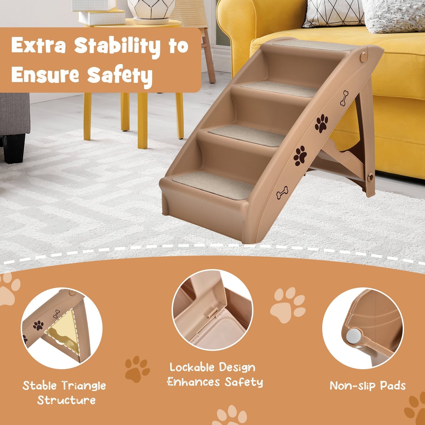 4-Step Pet Stairs with Non-slip Foot Pads-Coffee
