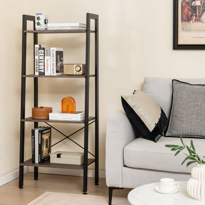 4-Tier Bookshelf with Metal Frame-Brown