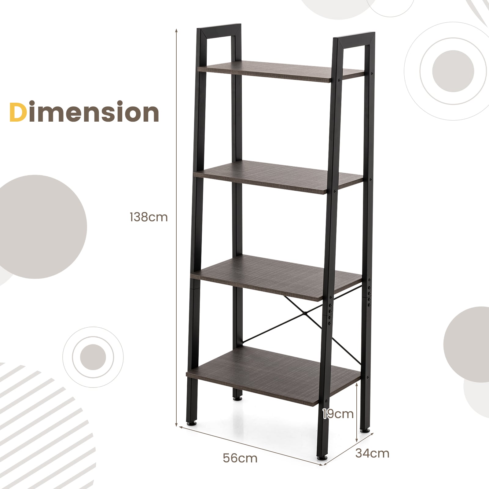 4-Tier Bookshelf with Metal Frame-Brown