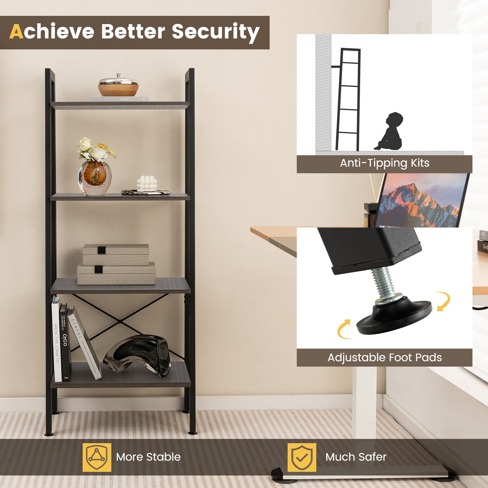 4-Tier Bookshelf with Metal Frame-Brown