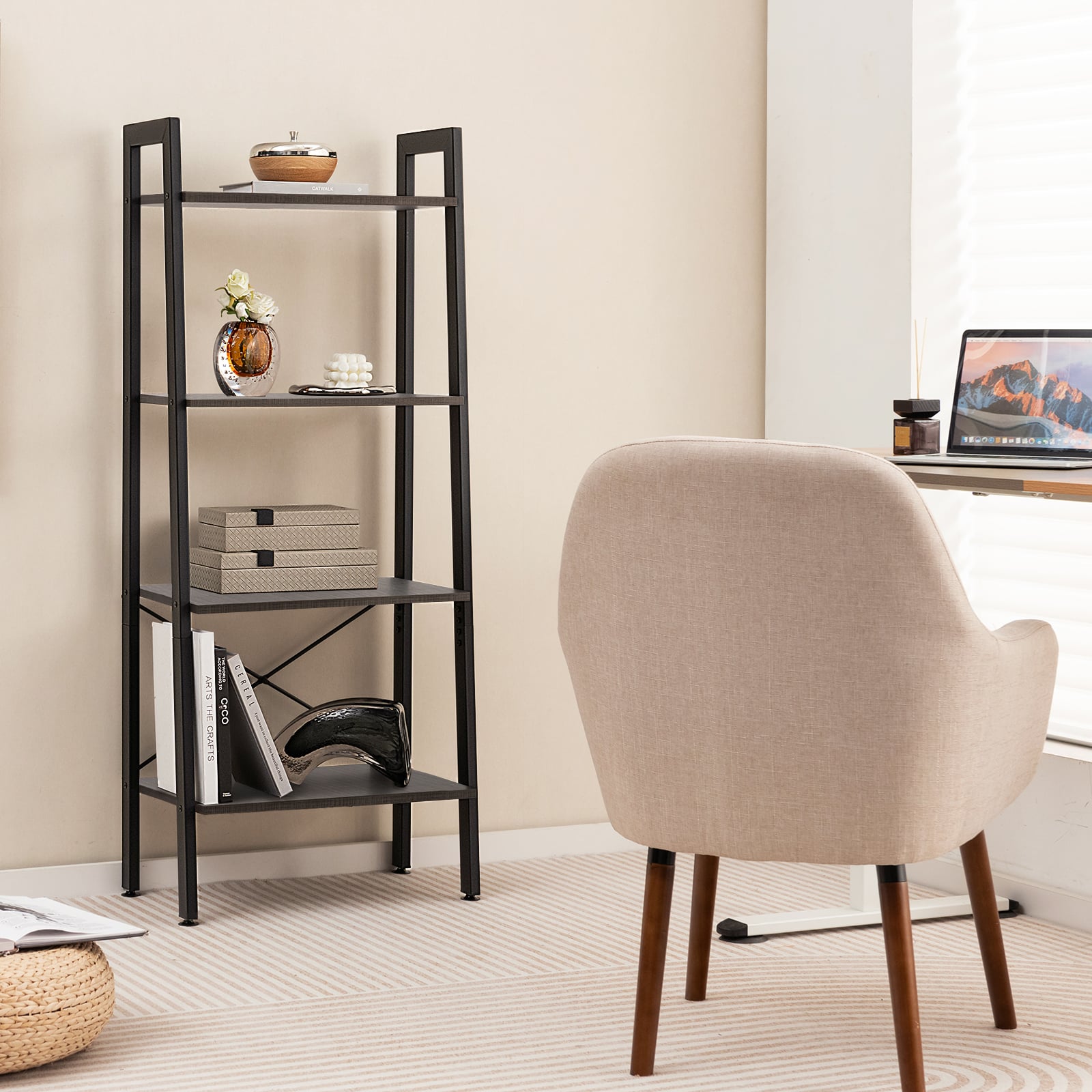 4-Tier Bookshelf with Metal Frame-Brown