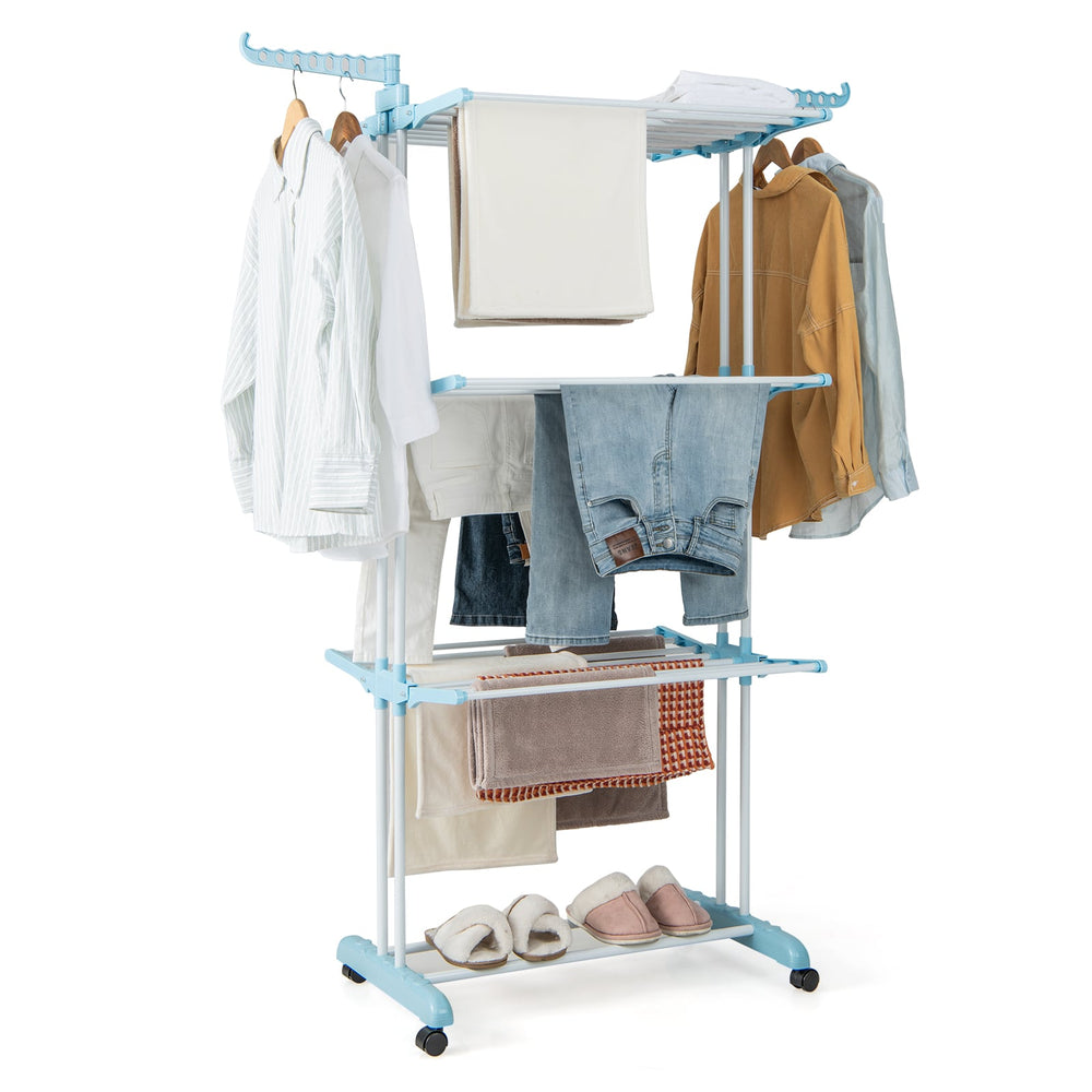 4-Tier Foldable Airer Clothes Drying Rack with Wings and Casters-Blue