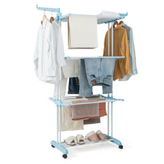 4-Tier Foldable Airer Clothes Drying Rack with Wings and Casters-Blue