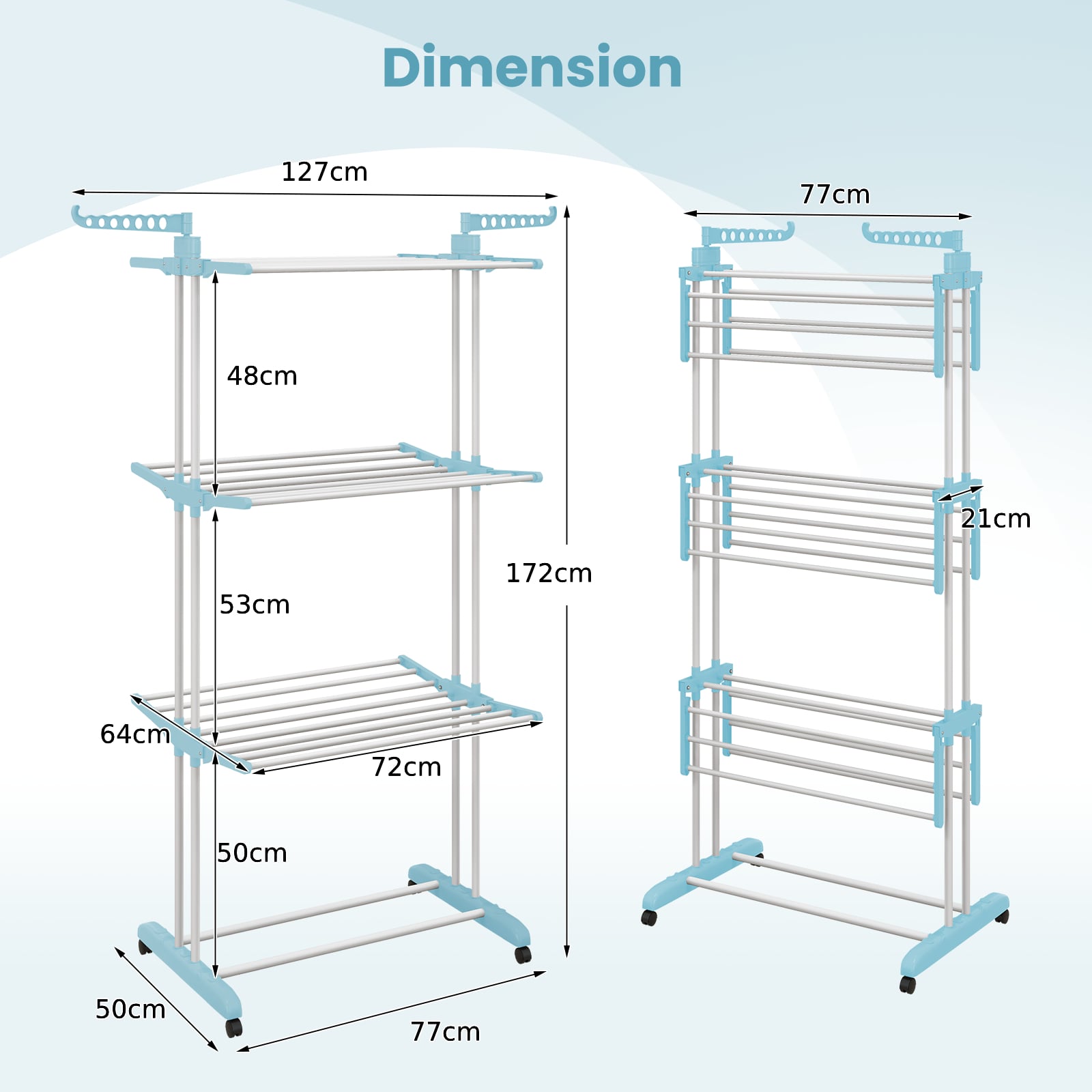 4-Tier Foldable Airer Clothes Drying Rack with Wings and Casters-Blue