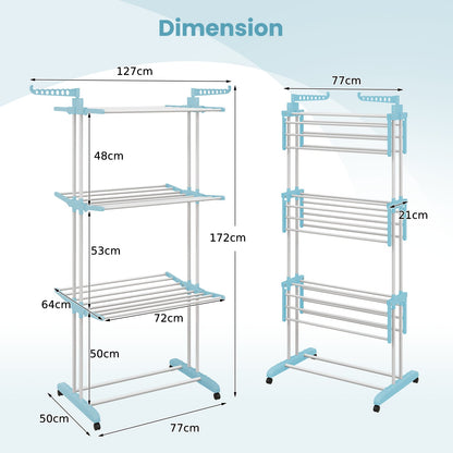 4-Tier Foldable Airer Clothes Drying Rack with Wings and Casters-Blue