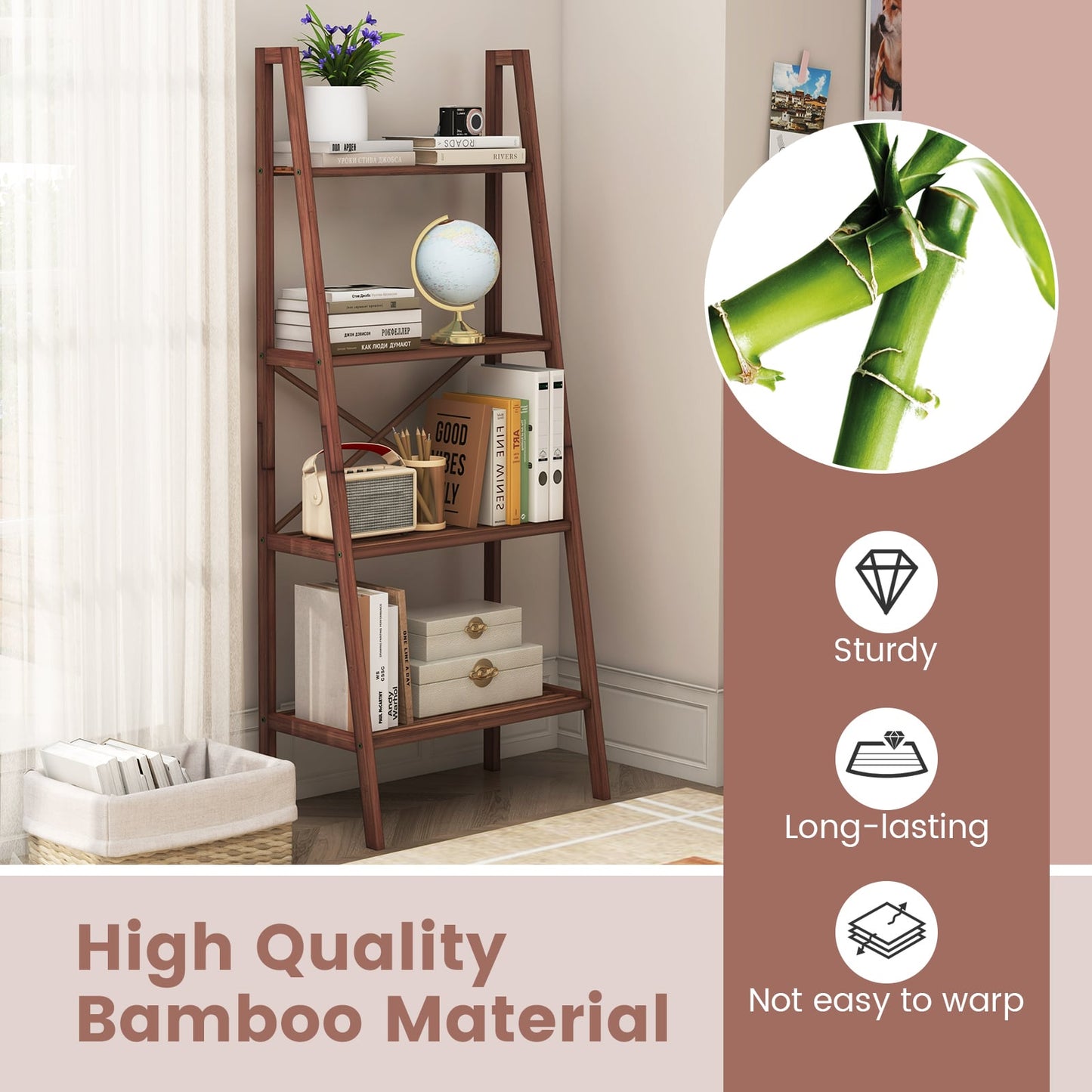 4-Tier Freestanding Bookcase with Anti-Toppling Device for Living Room-Brown