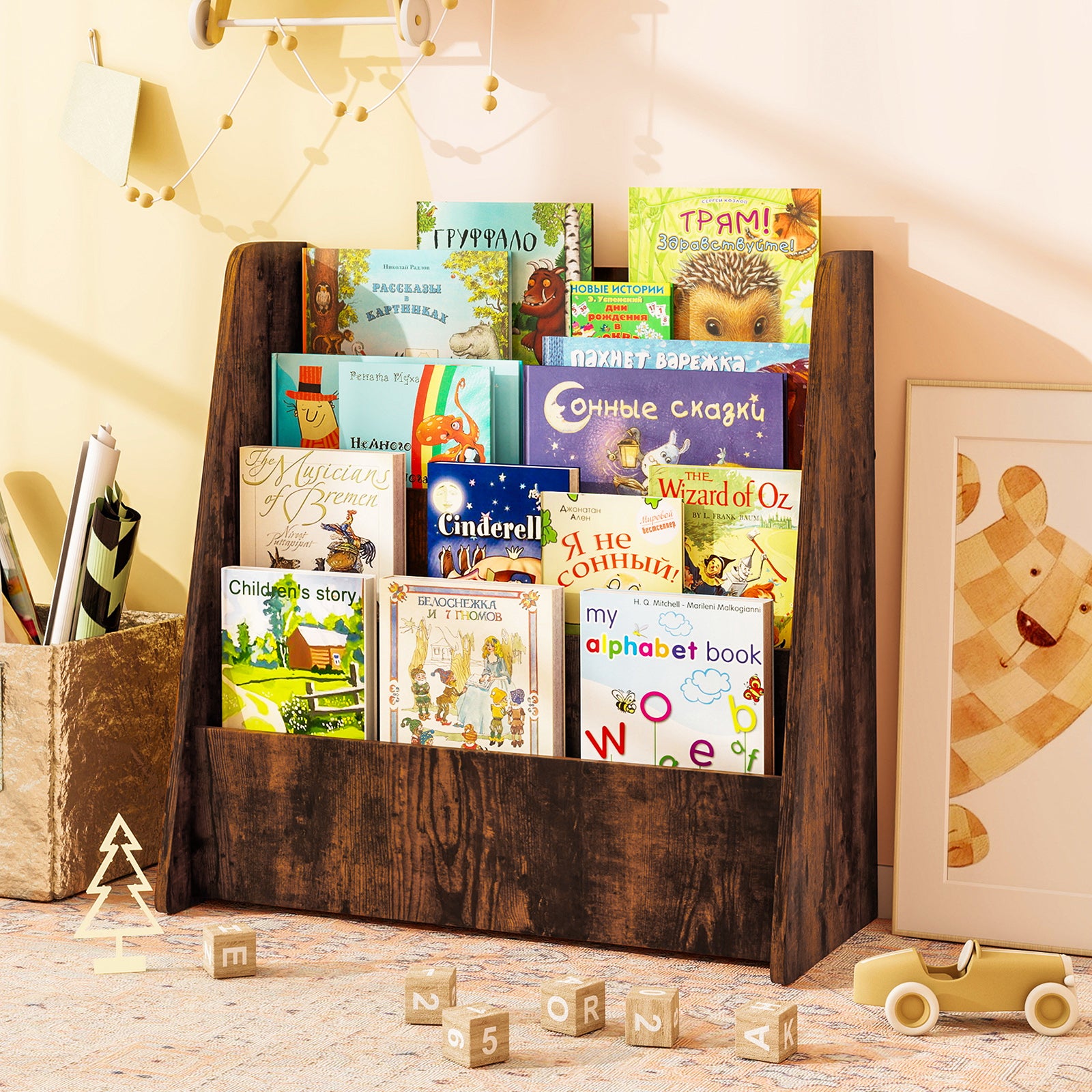 4-Tier Kids Bookshelf with Deep Compartments for Kids Bedroom-Rustic Brown