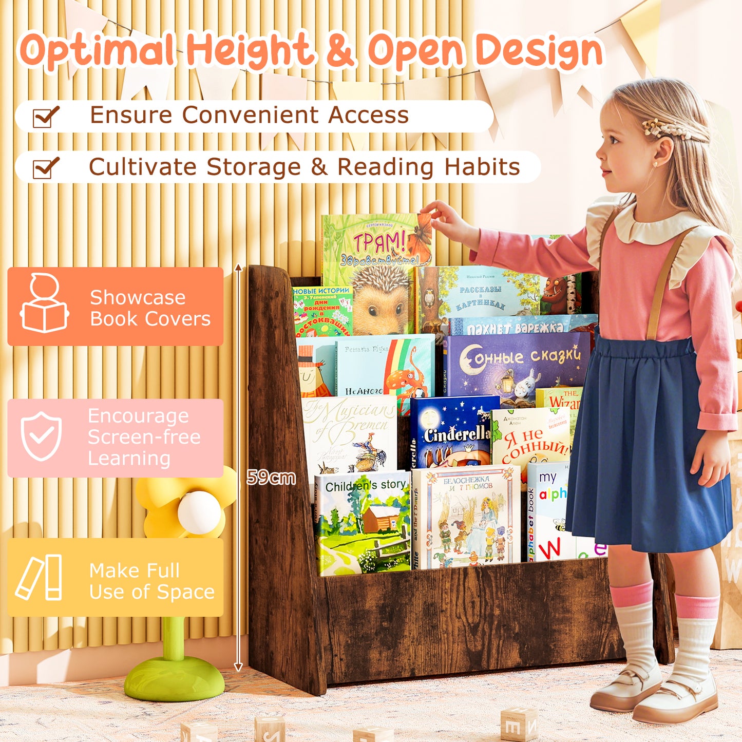 4-Tier Kids Bookshelf with Deep Compartments for Kids Bedroom-Rustic Brown