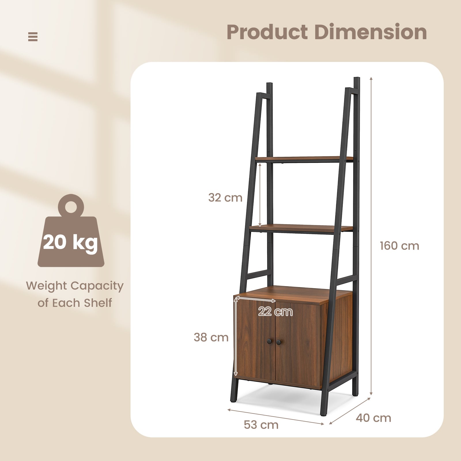 4-Tier Ladder Shelf with Cabinet Industrial Bookcase with Metal Frame-Rustic Brown