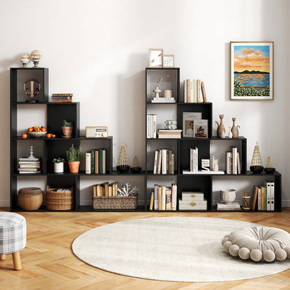 4-Tier Stepped Bookshelf Modern Ladder Bookcase with 6 Storage Cubes-Black