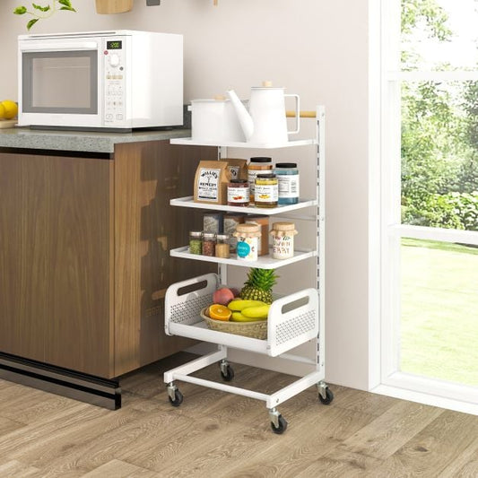 4 Tier Utility Rolling Cart with Adjustable Shelves-White