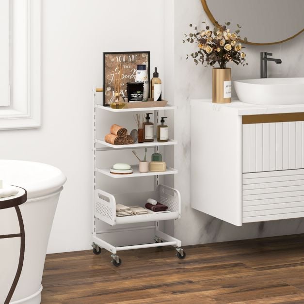 4 Tier Utility Rolling Cart with Adjustable Shelves-White