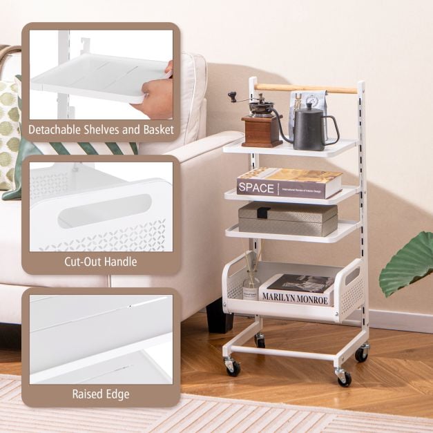 4 Tier Utility Rolling Cart with Adjustable Shelves-White