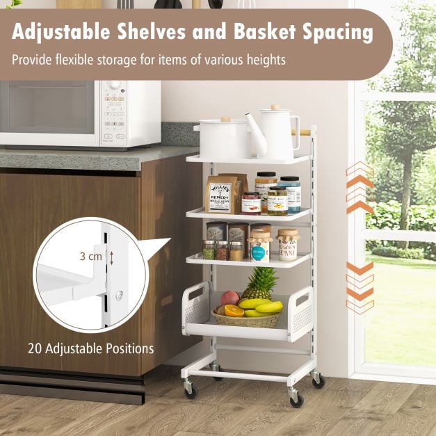 4 Tier Utility Rolling Cart with Adjustable Shelves-White