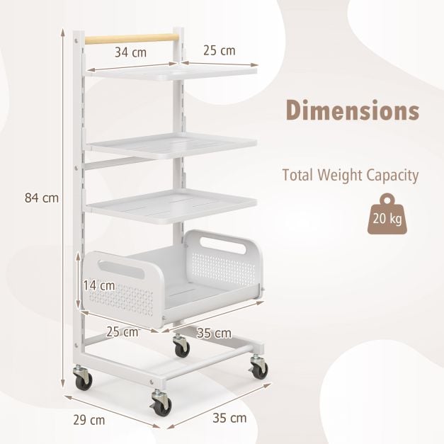 4 Tier Utility Rolling Cart with Adjustable Shelves-White