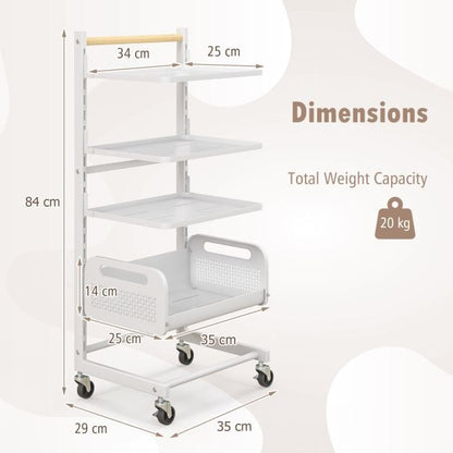 4 Tier Utility Rolling Cart with Adjustable Shelves-White