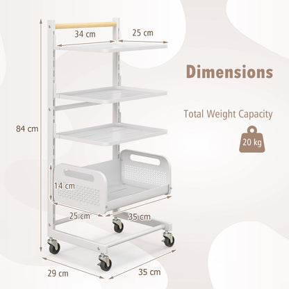 4 Tier Utility Rolling Cart with Adjustable Shelves-White