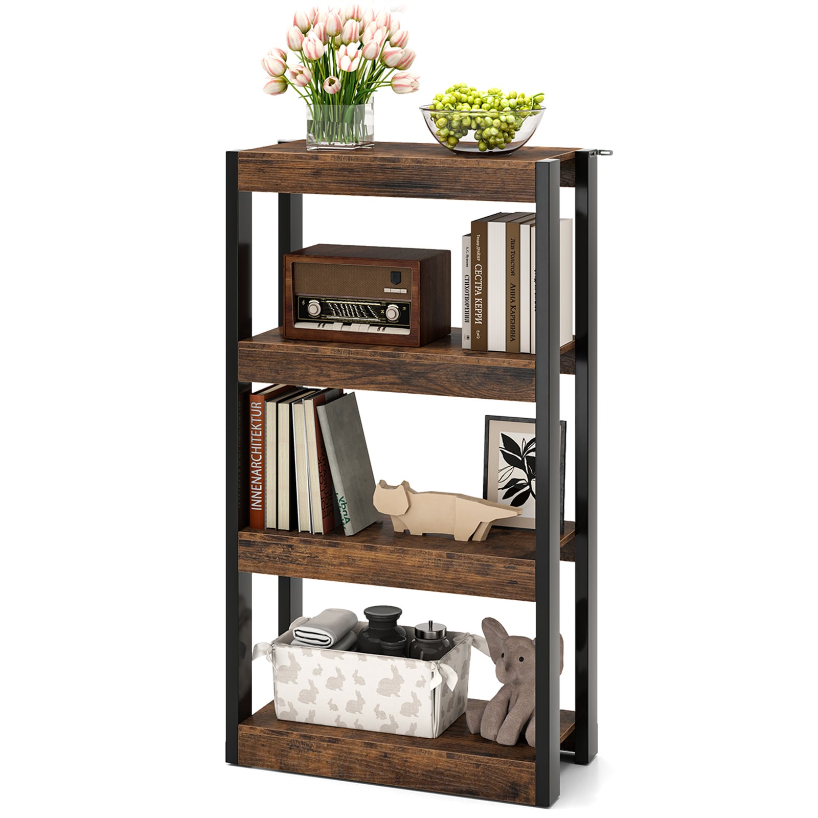 4 Tier Wooden Bookcase Bookshelf with Dual Anti-Tipping Kits-Rustic Brown