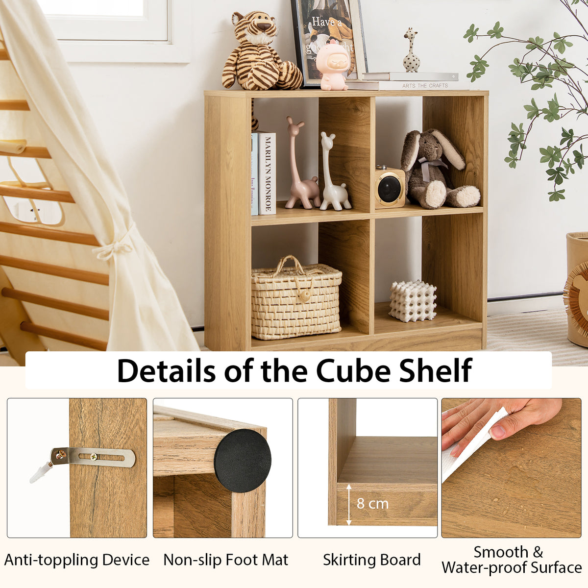 4-cube Wooden Storage Cabinet with Anti-Toppling Device-Natural