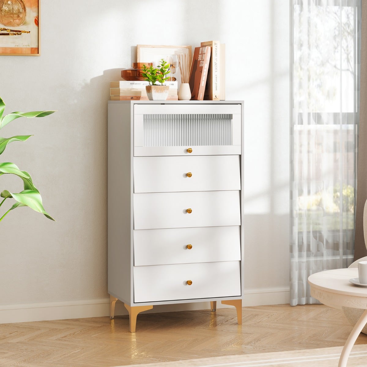 3/4 Drawer Dresser Cabinet with Flip Up Fluted Glass Door-4 Drawers