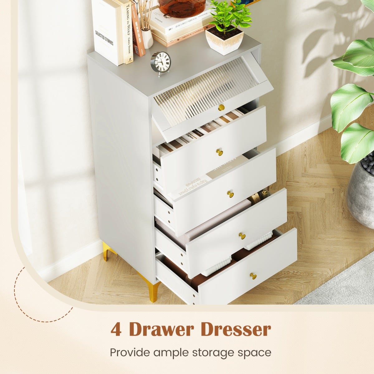 3/4 Drawer Dresser Cabinet with Flip Up Fluted Glass Door-4 Drawers
