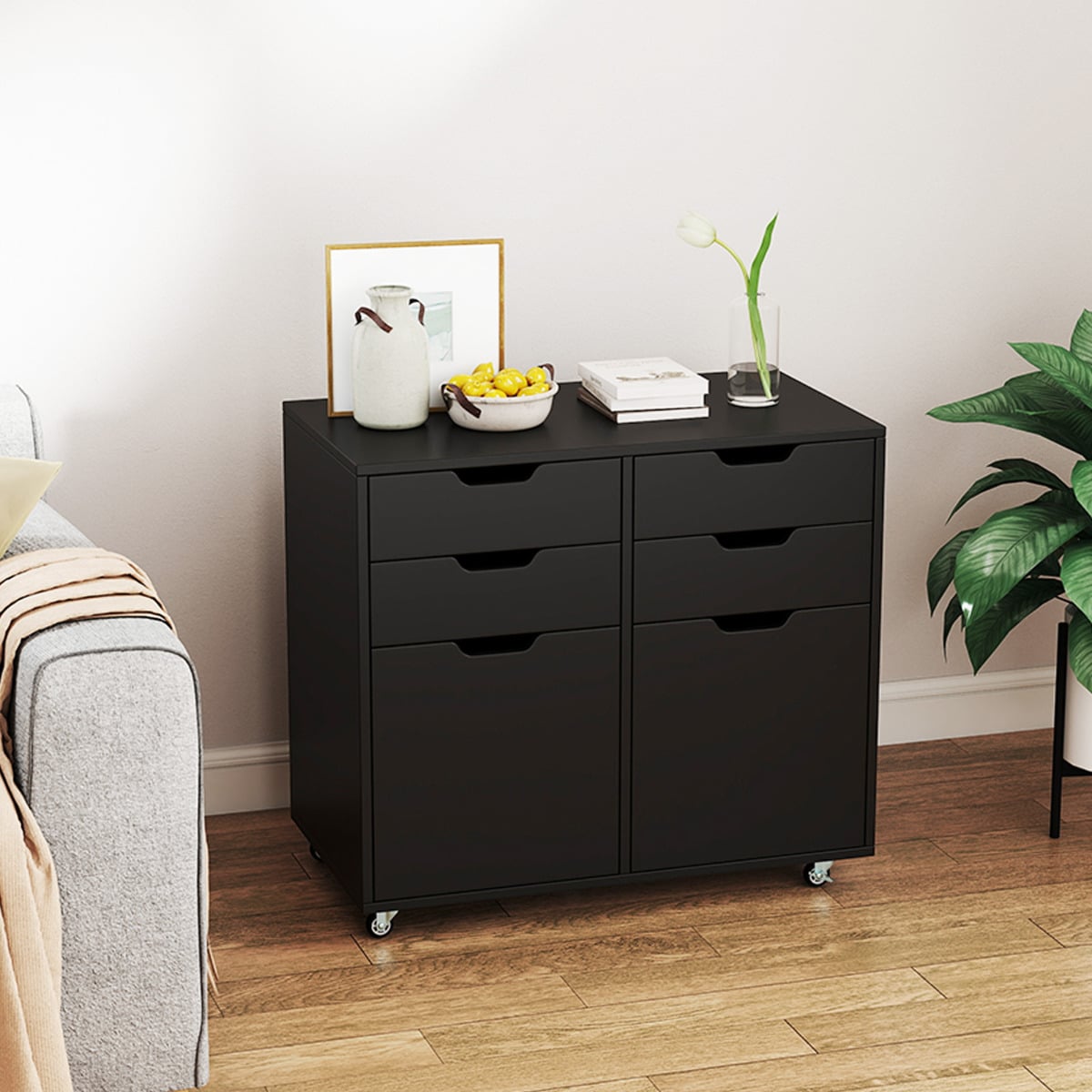 4 Drawer Dresser Chest with Doors and Universal Wheels-Black