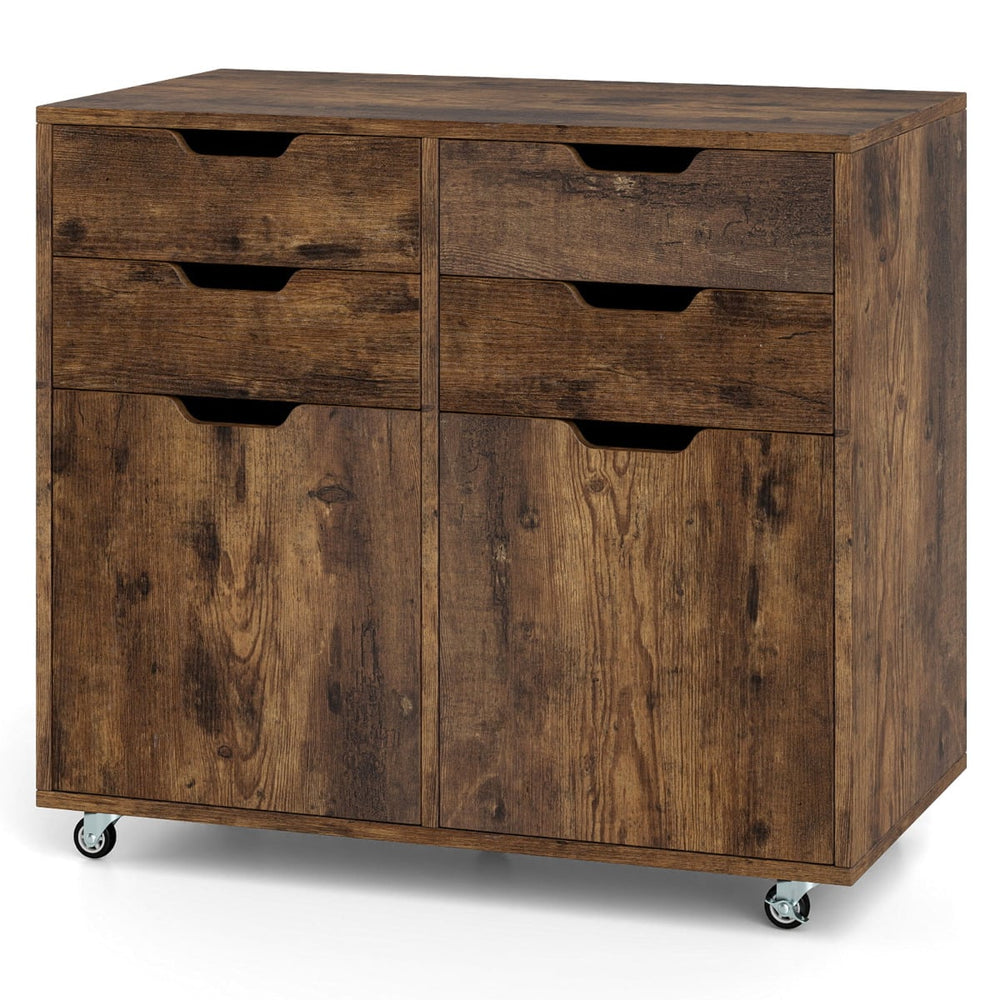 4 Drawer Dresser Chest with Doors and Universal Wheels-Rustic Brown