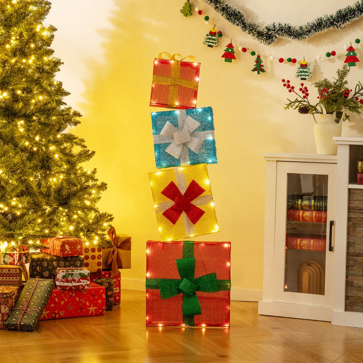 4 Ft Lighted Stackable Gift Boxes with LED Lights and Bows