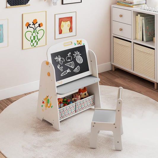 4-in-1 Art Easel and Bookshelf with Magnetic Whiteboard and Blackboard-Grey