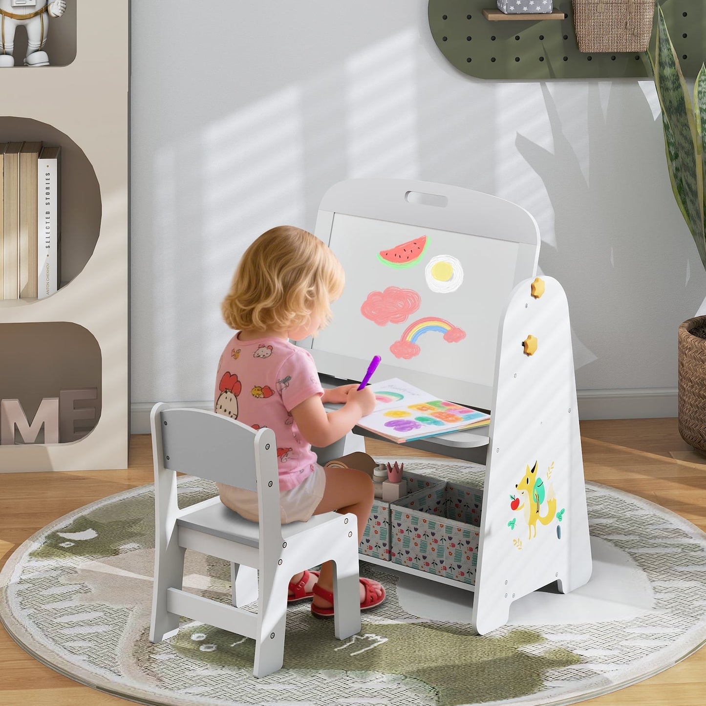4-in-1 Art Easel and Bookshelf with Magnetic Whiteboard and Blackboard-Grey