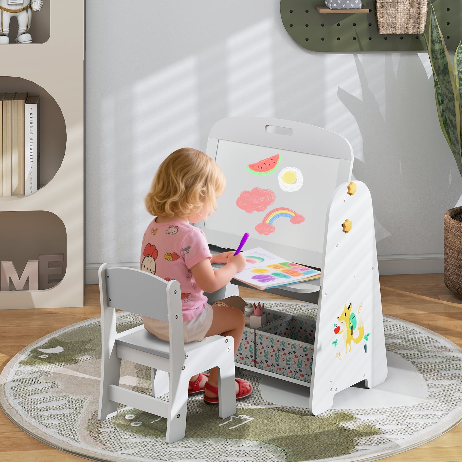 4-in-1 Art Easel and Bookshelf with Magnetic Whiteboard and Blackboard-Grey