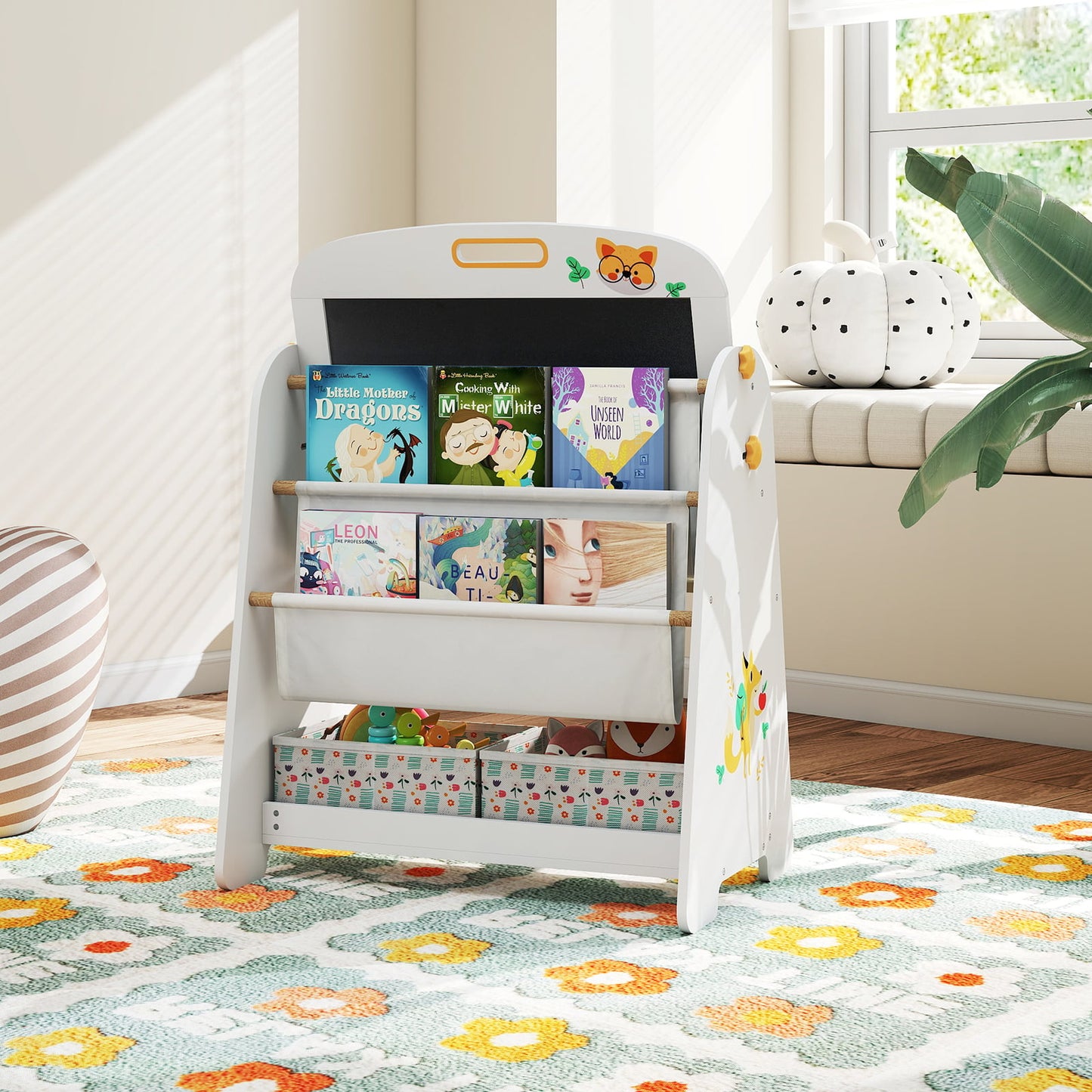 4-in-1 Art Easel and Bookshelf with Magnetic Whiteboard and Blackboard-Grey
